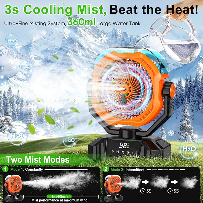 Portable Misting Fan, 20000mAh Rechargeable Camping Fan with 360mL Water Tank & LED Lantern, 5 Speed Wind Battery Powered Protable with Mist For Patios, Camping, Travel, Beach