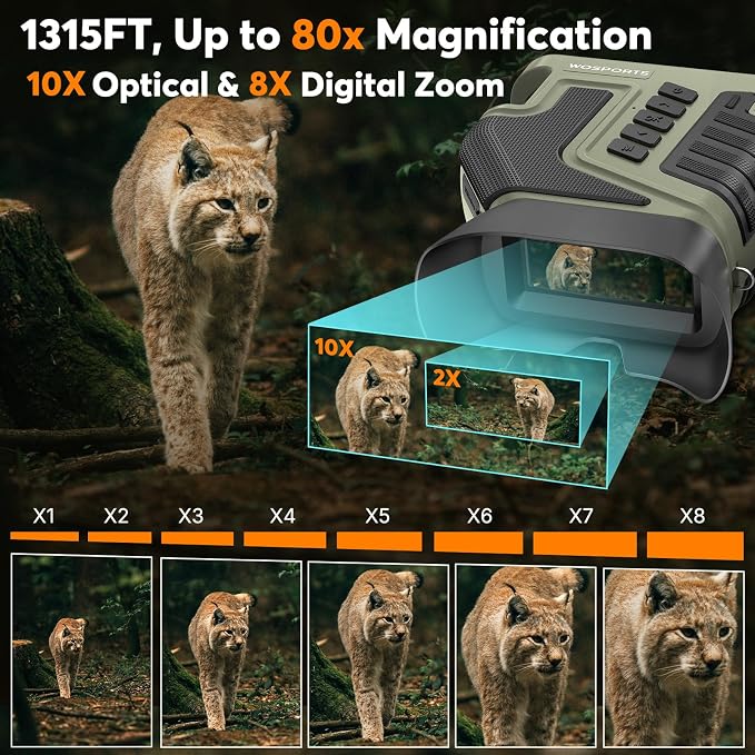 WOSPORTS 4K Night Vision Goggles – up to 80X Total Magnification, 10X Optical + 8X Digital Zoom, 64GB TF Card, 1315FT Vision Range, 5000mAh Rechargeable Battery, IPX Waterproof NVG, Gifts for Men
