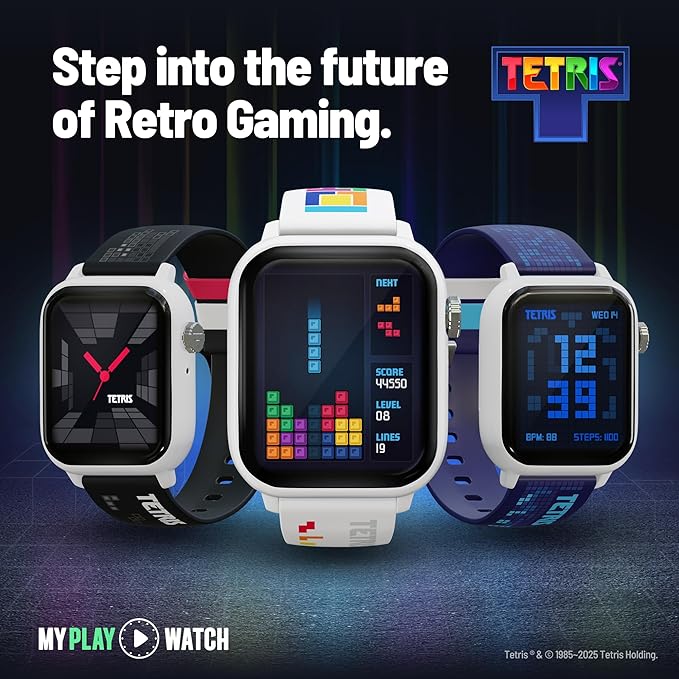 Tetris®: My Play Watch – Retro Gaming Smart Watch, No Wi-Fi or Bluetooth, Built-in Tetris®, Custom Watch Faces, Classic Arcade Sound, Heart Rate Monitor, IP67 Water Resistant.