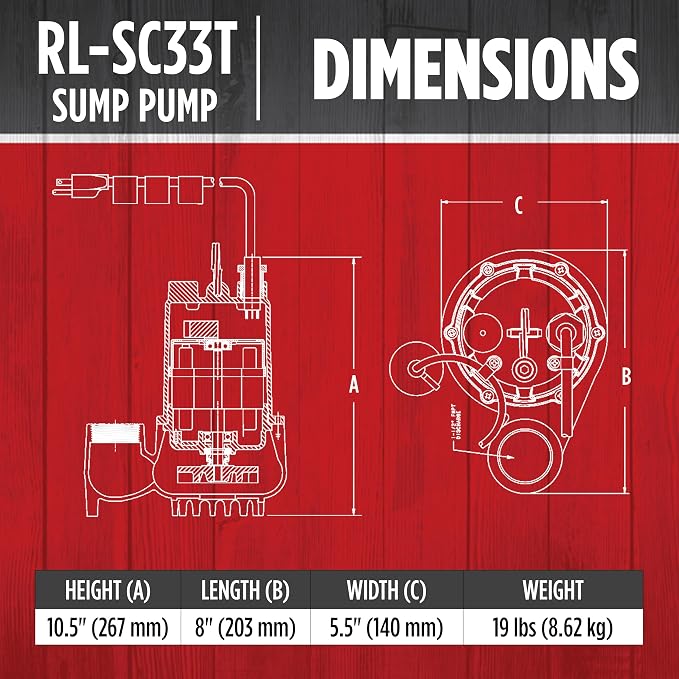 Red Lion RL-SC33T Submersible Water Pump, Heavy Duty Automatic Sump Pump with Tethered Float Switch, 1/3 HP, 3350 GPH, Cast Iron