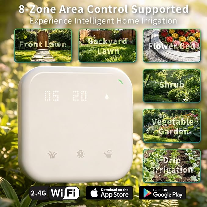 Netro Smart Sprinkler Controller 8 Zones WiFi Sprinkler Controller App-Based Irrigation System Controllers for Garden Lawn Weather Service Plant Database Rain Skips Compatible with Alexa, White