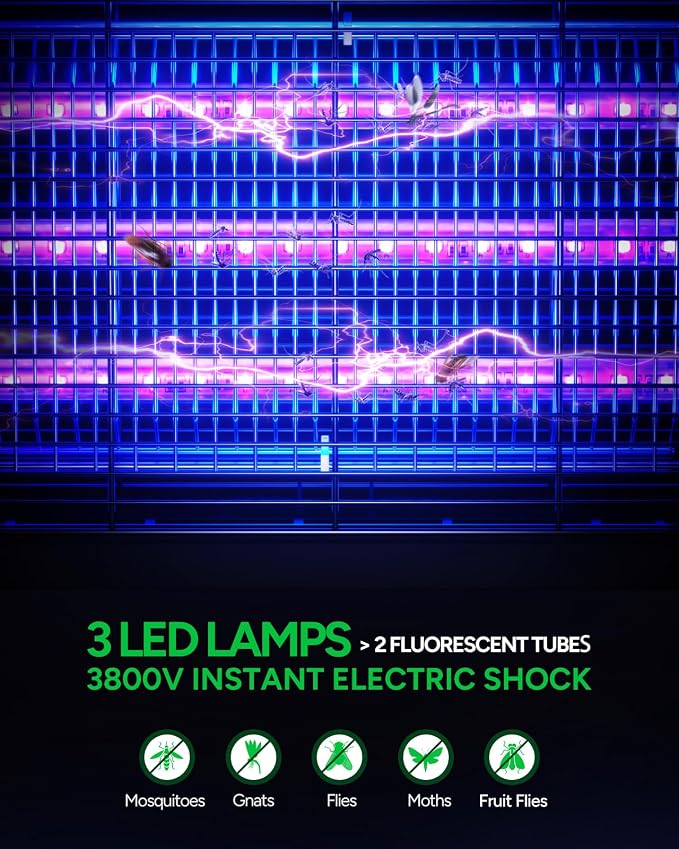 Buzbug LED Bug Zapper Indoor, 10 Years Lifespan 3 Lamps Enhance Insect Attraction, 3800V High-Voltage, Electric Mosquito Zapper, Fruit Fly Mosquito Moth Gnat Zapper, Killer, Trap -MA009 (Matte Black)