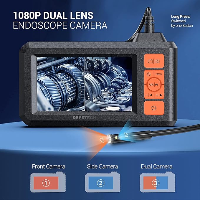 DEPSTECH Dual Lens Industrial Endoscope, 1080P Digital Borescope Inspection Camera, 7.9mm IP67 Waterproof, Sewer Camera with 4.3" LCD Screen, 7 LED Lights, 16.5FT Semi-Rigid Cable, 32GB Card - Orange
