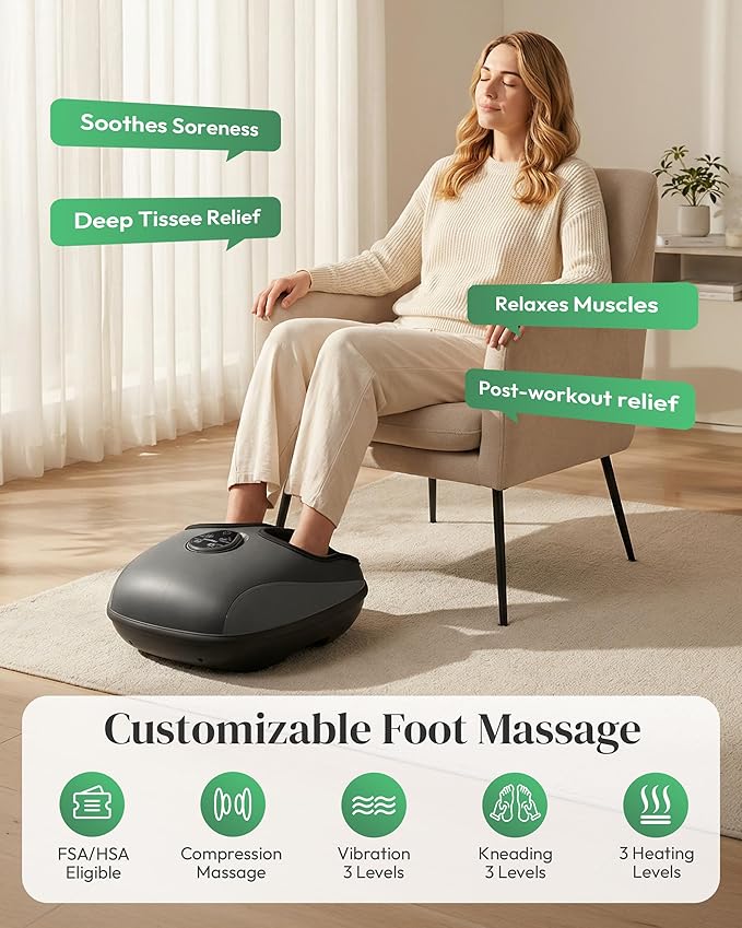 Shiatsu Foot Massager with Heat FSA Eligible HSA, Gift for Men Women | [2026 Upgraded] Compression, Vibration, Deep Kneading Massager for Plantar Fasciitis, Neuropathy, Remote Control
