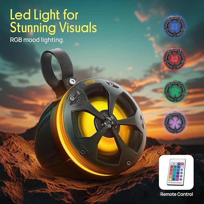 Pyle 2-Way Waterproof Off Road Speakers - 4" 800W Active Passive Marine Grade Wakeboard Tower RGB Speakers System w/Bluetooth Controller, Full Range Stereo Speaker for ATV/UTV Jeep Boat PLUTV48KBTR