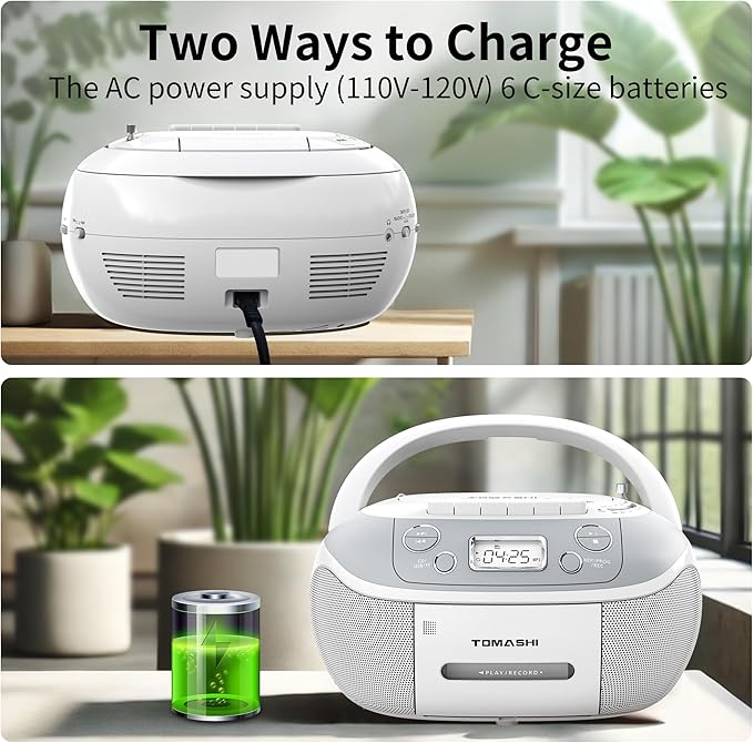 TOMASHI Portable CD Player Boombox with Cassette Player - AM FM Radio,Tape/CD Recording, USB/SD Inputs,Retro Stereo Sound,Dual AC/DC Power,Remote & Backlit LCD - for Home, Camping,Gifts (CD-860A)