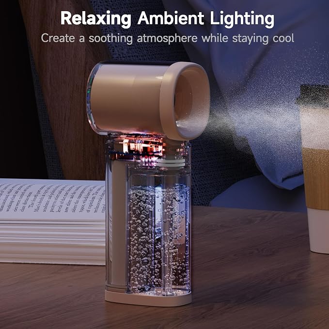Handheld Misting Fan, Portable Personal Turbo Fan with Nano Mist Spray, 6 Wind Speed, 40ml Water Tank, LED Light, 3000mAh USB Rechargeable for Travel, Outdoors, Camping, Home and Office Use - Beige