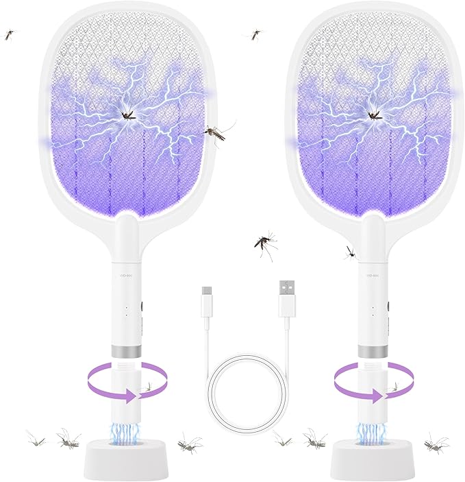 Electric Fly Swatter Racket, 4000V Bug Zapper Racket Rechargeable Fly Zapper Dual Modes Mosquito Swatter Portable with Purple Light & 3-Layer Safety Nets for Indoor & Outdoor, 2 Pack (2-Pack-Oval)