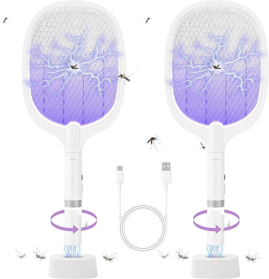 Electric Fly Swatter Racket, 4000V Bug Zapper Racket Rechargeable Fly Zapper Dual Modes Mosquito Swatter Portable with Purple Light & 3-Layer Safety Nets for Indoor & Outdoor, 2 Pack (2-Pack-Oval)