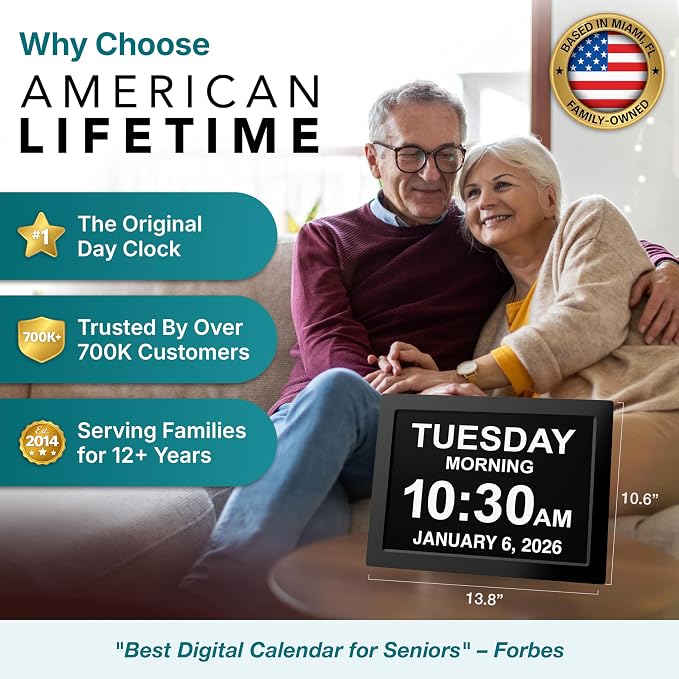 American Lifetime Dementia Clock - Large Digital Clock for Seniors, Custom Alarms, Day & Date Display, Black, 15 Inches