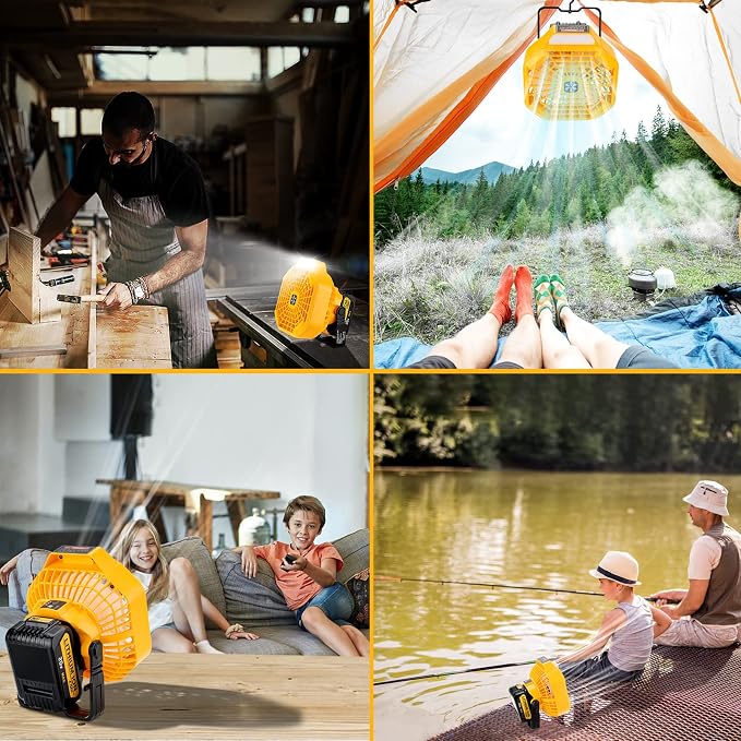 Taingwei Portable Fan with Remote for Dewalt 20v 60v Battery,Battery Operated Fan with 3 Energy Efficient Speed Settings and Dimmable Led Light for Camping,Emergency and Job Site(Tool Only)