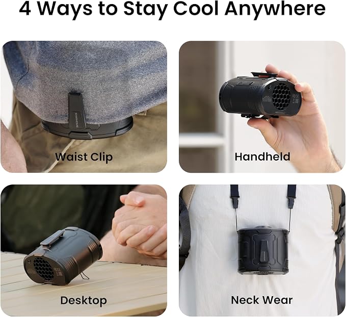 KIWIHOME Portable Waist Fan with 360° Rotatable Airflow & 10° Vertical Adjustment, Clip-On Belt Fan with Physical Power Switch, 4-in-1 Wearable Fan for Outdoor Work, Camping, Travel, Summer Events