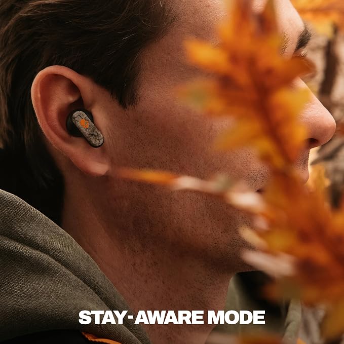 Skullcandy Dime Evo Wireless Earbuds, Bluetooth Headphones, Noise Isolating Fit, Up to 36 Hours Battery, Microphone, Easy Carry with Clip-Anywhere Case - Realtree APX Black/Orange