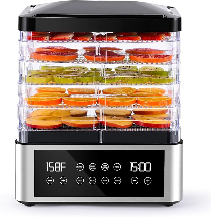 Food Dehydrator, One-Touch Dehydrator with Automatic Temperature Control 5 BPA-Free 11.4" Trays for Jerky, Dog Treats, Herbs, Meat, Fruit, and Yogurt