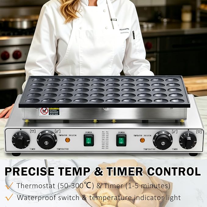 Commercial 50PCS Mini Dutch Pancake Maker 1900W, Adjustable Temp & Timer Control, Non-Stick Teflon Plates Easy to Clean, Durable Stainless Steel Body for Restaurant Catering