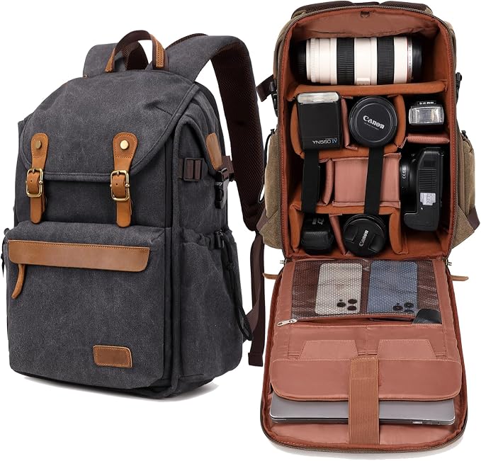 Vintage Canvas Camera Backpack (Charcoal Black) for DSLR/Mirrorless & Drone, Waterproof Photography Bag with 16" Laptop Compartment, Large Capacity Travel Camera Bag for Photographers