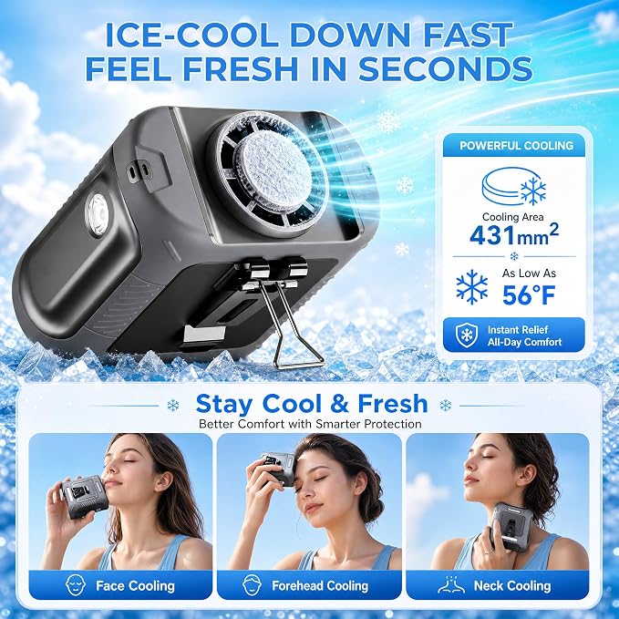 Portable Waist Fan with 56°F Ice Cooling, 8000mAh Rechargeable Belt Clip Fan, 5-Speed 21000RPM Wearable Cooler, LED SOS Warning Light for Jobsite Camping Summer Essential