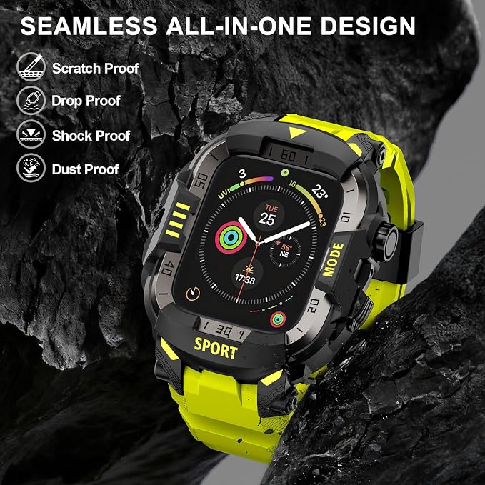 DABAOZA Rugged Case with Band Compatible with Apple Watch 44mm, for iWatch Series 6/5/4 & SE 3/2/1,Military Grade Shockproof Bumper and Men's Tactical Heavy Duty Strap (Fluorescent Green,44MM)