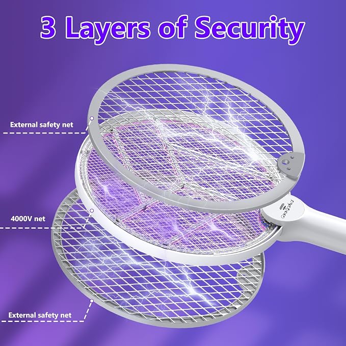 Bug Zapper Racket, 2 in 1 Mode Electric Fly Swatter USB Rechargeable, 4000V Electric Fly Zapper with 3 Layer Safety Mesh, Indoor Outdoor Electric Racket for Kitchen, Bedroom, Camping