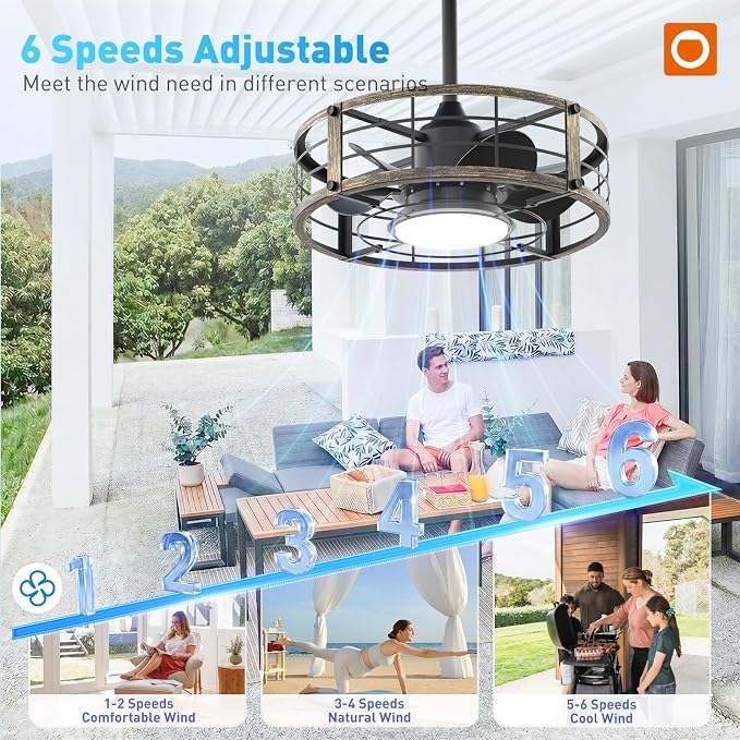 addlon 20 Inch Outdoor Ceiling Fans with Lights, IP65 Waterproof Plug in Caged Hanging Fan for Gazebo, Remote Control, 3 CCT, 6 Speeds Reversible Outdoor Fan for Patio, Pergola, Porch
