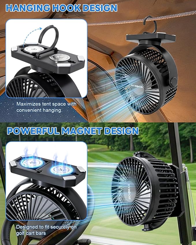 2-Pack Golf Cart Fans Rechargeable, 12000mAh Battery Operated Portable Fan with 2X Magnetic Fan Base, 3 Speeds, Lights - for EZGO Club Car Yamaha Golf Cart Accessories, Gifts for Men Dad Husband