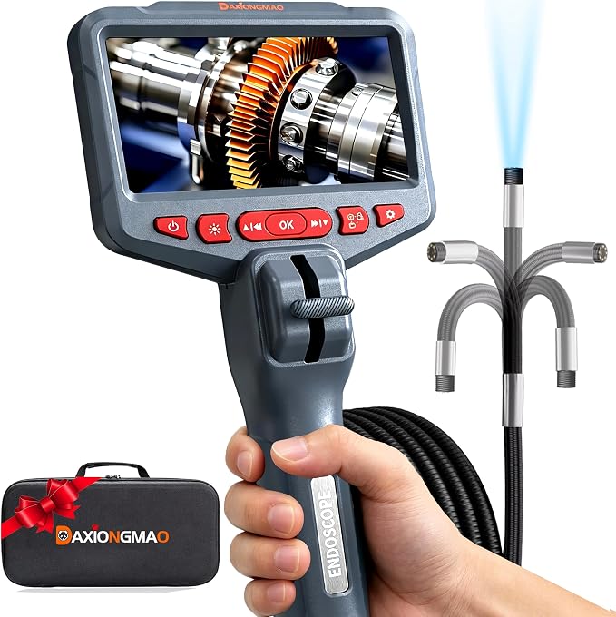 Daxiongmao 2-Way Articulating Borescope, 4.5" IPS 1080P HD Endoscope with LED Lights, IP67 Waterproof Snake Inspection Camera, 5FT Probe for Auto Engine, HVAC Duct, Plumbing Pipe Wall Inspection