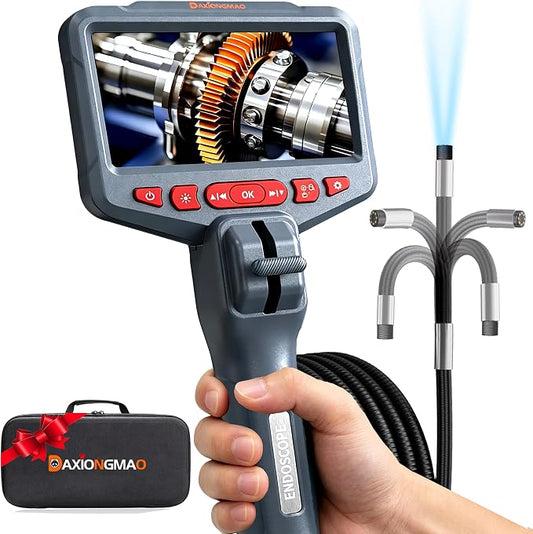Daxiongmao 2-Way Articulating Borescope, 4.5" IPS 1080P HD Endoscope with LED Lights, IP67 Waterproof Snake Inspection Camera, 5FT Probe for Auto Engine, HVAC Duct, Plumbing Pipe Wall Inspection