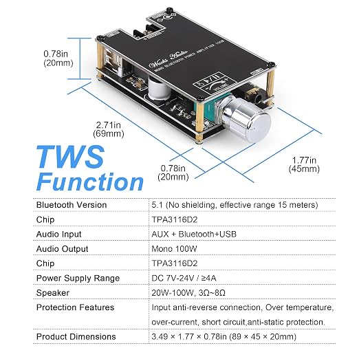 2PCS ZK-1001B Mono Bluetooth Amplifier Board with TPA316D2 Chip, Wide Voltage Input DC7-24V Peak Output Power 100W, with TWS Pairing Function