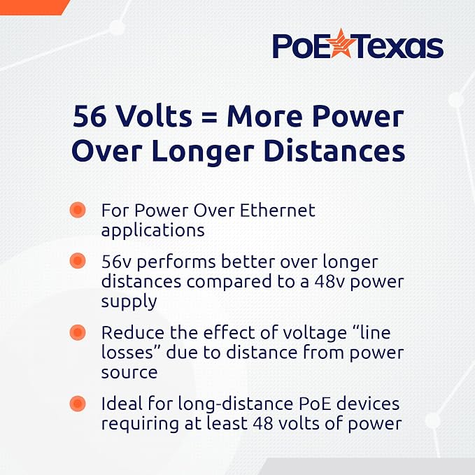 PoE Texas 56v 120w PoE Compatible Power Supply with Wall Mounting Tabs - Easy Installation for Long Distance Power Over Ethernet Network Switch, Injector, Adapter, Extender, 802.3af, 802.3at Devices