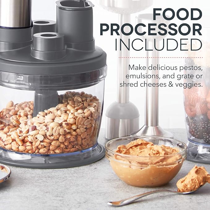Dash Chef Series Deluxe Immersion Hand Blender Set, 5 Speed, 330W with Food Processor, Whisk, Masher and Dough Hook Attachments, Stainless Steel Blades for Soups, Sauces, Smoothies & Purées - Midnight