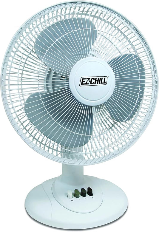 EZ-Chill 12” 3-Speed Oscillating Table Fan with Adjustable Tilt, Convenient Push Button Controls, Quiet Operation, White, SB-MTSH05
