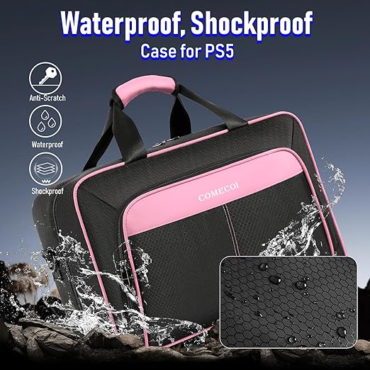 COMECOI Carrying Case for PS5, Travel Case for PS 5 Protective, Large Capacity Storage Bag Compatible with Playstation 5 Disk/ Digital Edition Console, Controllers, Game Cards, Accessories, Pink