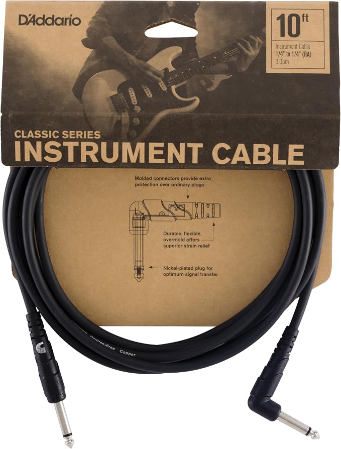 D'Addario Guitar Cable - Guitar Lead - 1/4 Inch Male to 1/4 Inch Male - Classic Series - 10 Feet/3.05 Meters - Straight End/Right Angle - 1 Pack