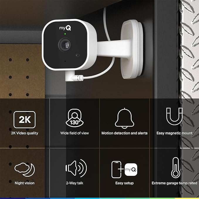 myQ Smart Garage Starter Kit: Garage Door Video Keypad + Rechargeable Battery + Wi-Fi Plug-in 2K Camera, Custom PIN Codes, Wide-Angle Lens, Night Vision, 2-Way Audio, Motion Alerts and App Control