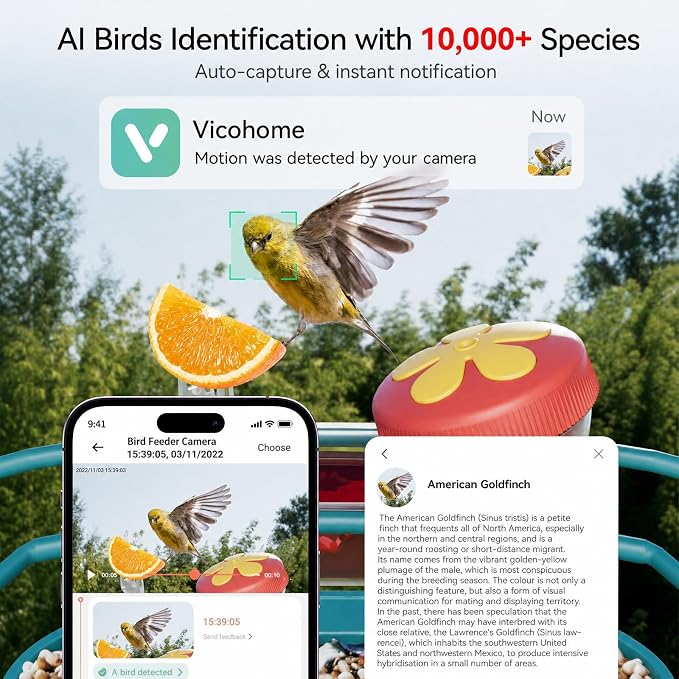 Smart Bird Feeder with Camera, Solar Powered, 2K HD Live View, Weatherproof for Outdoors, AI Identification & Instant Alerts, 2.4GHz, Easy Setup & Refilling, Gift for Bird Watching (Dark Blue)