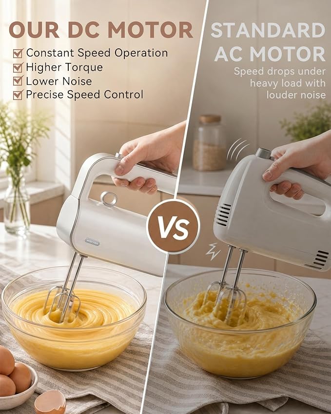Master 4-in-1 Electric Hand Mixer with Turbo Boost, Stainless Steel Whisk, Beaters, Dough Hooks & Milk Frother, Lightweight Handheld Mixer for Baking & Coffee, Light Olive Green