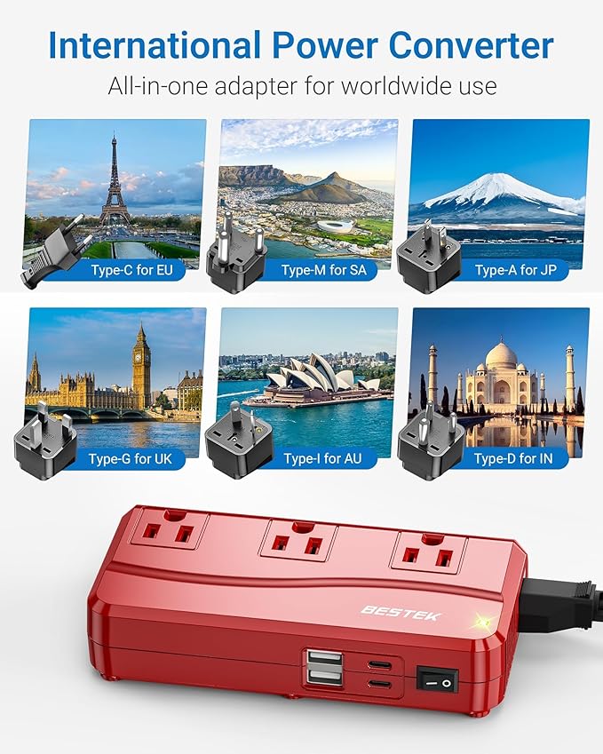 BESTEK International Power Adapter 300W, 220V to 110V Step Down Travel Voltage Converter with 4-Port USB (2 USB 20W) Including US/AU/EU/UK/India/South Africa Plug Adapter (Red)