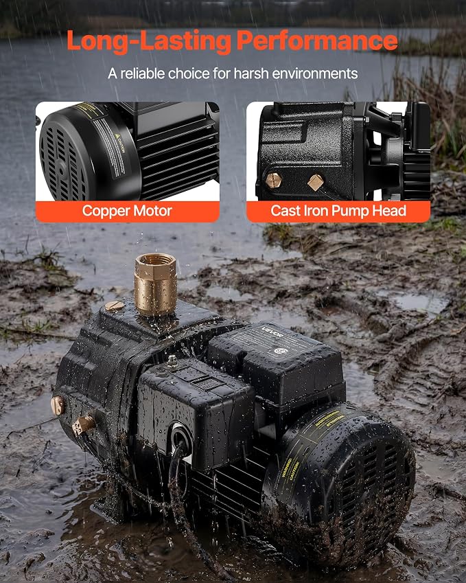 VEVOR 1 HP Shallow Well Jet Pump, AC 115/230 Volt, 1400 GPH Dual Voltage Cast Iron Well Jet Pump, with 164 ft Max Head Lift, Automatic Pressure Switch, for Garden Irrigation Lawn Sprinkler System