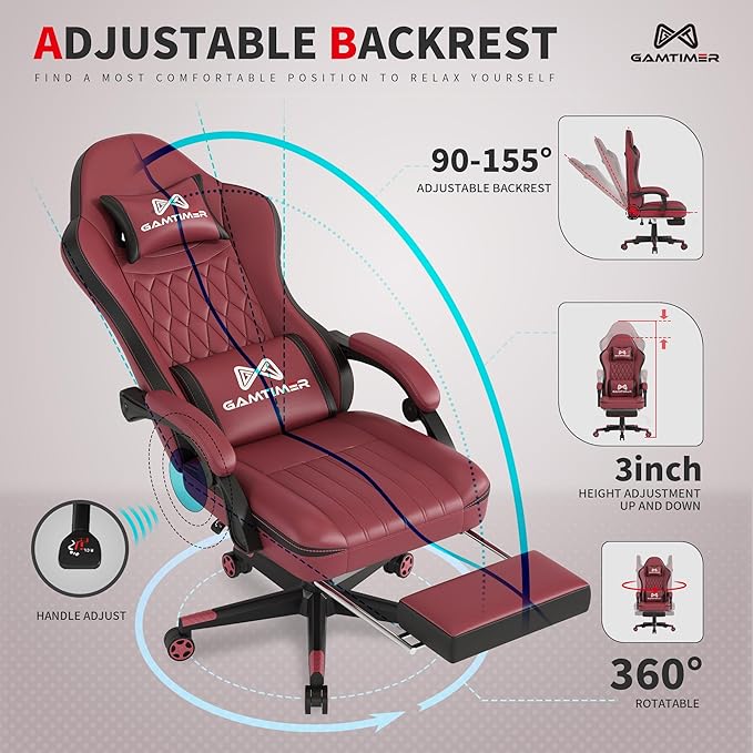 Gamtimer Gaming Chair with Footrest, Ergonomic Computer Chair, PU Breathable Material with Headrest and Lumbar Support, Suitable for Silla Gamer and Adults