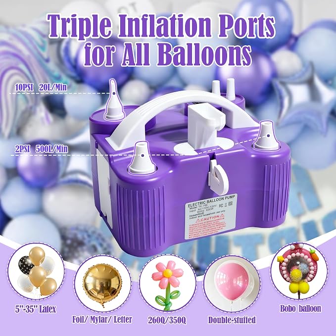 PCFING Balloon Pump Electric, 4-in-1 Air Pump Inflator Blower Machine for All Balloons & Inflation, Triple Inflating Ports for Latex 260q Foil Balloons, Air Mattress, Airbeds, Basketball, Soccer