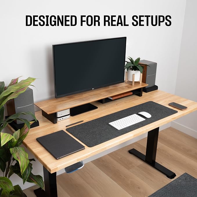 COREMINDED Solid Wood Dual Monitor Stand Riser – 42" Oak Desk Shelf for 2 Monitors with Tray & Wool Felt, Organizer for Desktop, Laptop and Office (Solid Oak)