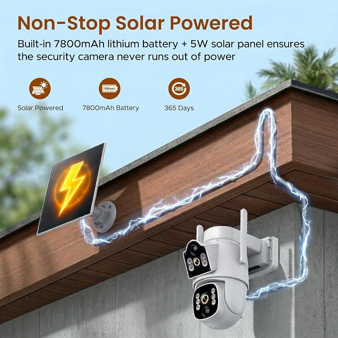 4G LTE Dual Lens Cellular Security Camera, No WiFi Solar Security Cameras Wireless Outdoor with 360° PTZ Live View, 2K Color Night Vision, Auto Tracking AI Detection, Cloud Storage, Built in SIM Card