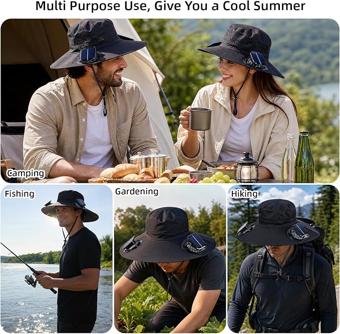 Solar Fan Hat, Wide Brim Hat with 2 Removable Fans Solar Power, Sun Bucket Fishing Hat for Men Women Outdoor Hiking Camping Gardening, UPF 50+ Sun Protection Waterproof Black