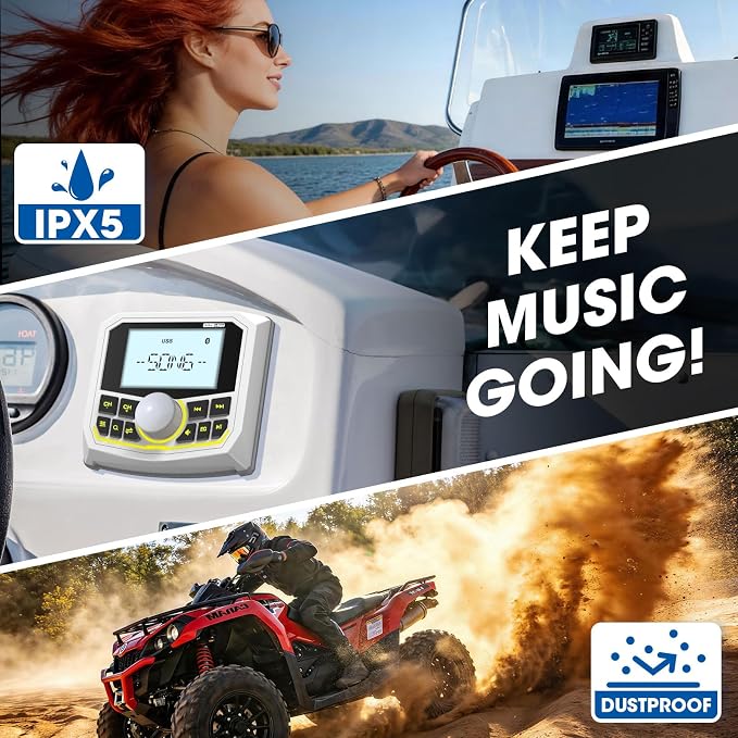 Marine Boat Radio Bluetooth Receiver – Gauge Style Marine Stereo Media System - 2.8 Inch LCD Display AUX USB AM FM Pre-Amp Subwoofer for UTV ATV RZR Golf Cart Spa Hot