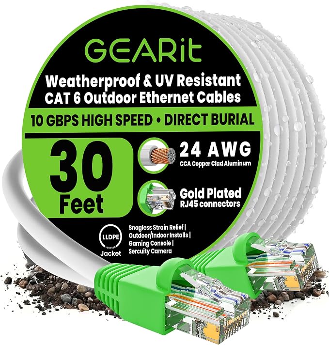 GEARit Cat6 Outdoor Ethernet Cable (30 Feet) CCA Copper Clad, Waterproof, Direct Burial, In-Ground, UV Jacket, POE, Network, Internet, Cat 6, Cat6 Cable - 30ft