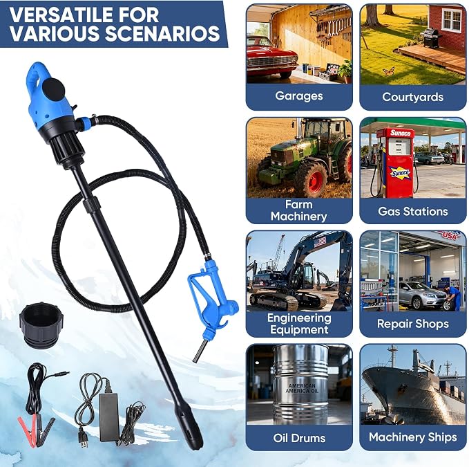 Electric Drum Barrel Pump, 110V-240V AC/ 12V DC Power, 55 Gallon Electric Transfer Pumps with 2-Inch Bung Adapter, 5 GPM Flow Rate, Suitable for DEF, Diesel, Water, Antifreeze