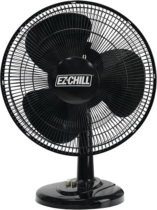 EZ-CHILL 16” Oscillating Table Fan with Adjustable Tilt, Convenient Push Button Controls, Quiet, 3 Speed, Desk Fan, Airflow 15.75 ft/sec, Ideal for Home, Bedroom, Dorm & Office, MTFD-16-BLK