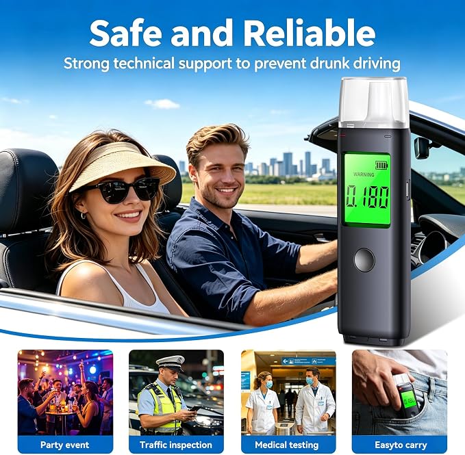 Breathalyzer,Portable Alcohol Tester with Digital LCD Display-Personal Breath Alcohol Detector for Home, Party & Safety-Includes 20 Mouthpieces-Easy to Use with Reliable Results