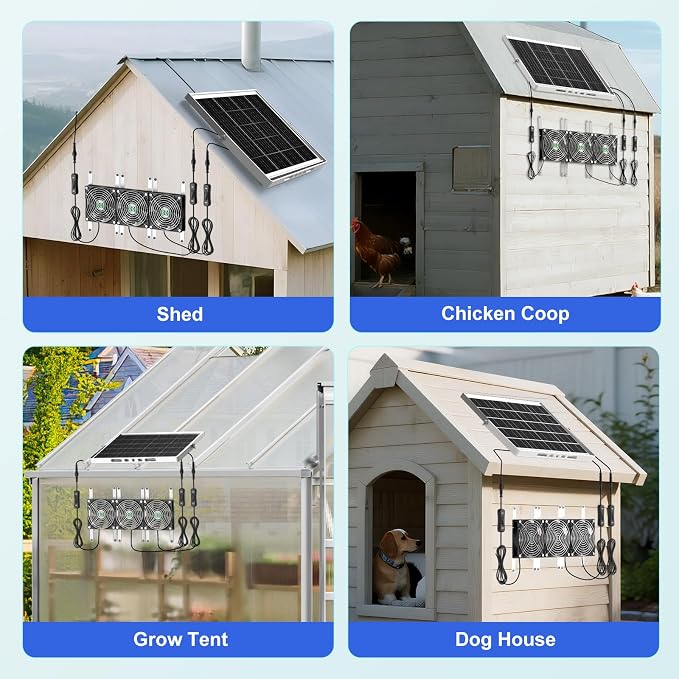 Solar Chicken Coop Fan 3 Kit, 25W Solar Powered Greenhouse Fan Outdoor Waterproof, Solar Exhaust & Intake Fans, Strong Airflow for Shed Dog House Circulation Ventilation Cooling, No Battery