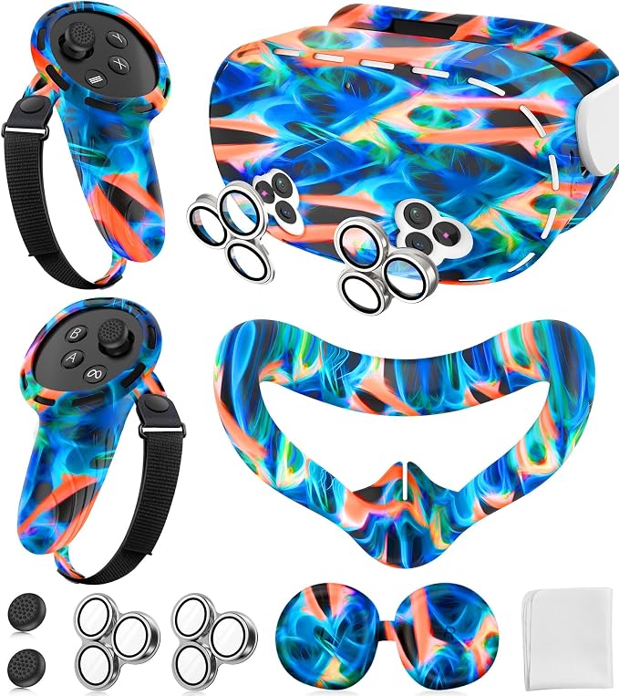 Silicone Cover Set Compatible with Meta/Oculus Quest 3s Accessories, Silicone Face Cover, Controller Grip Cover, Camera Lens Protector, VR Shell Cover, Protective Lens Cover, Not Fit Quest 3